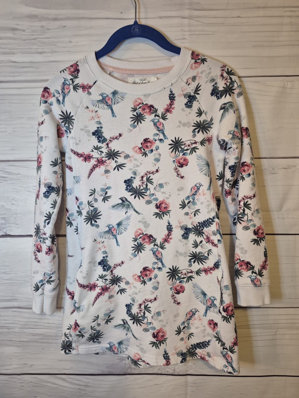 Girls' Floral & Bird Print Cream Sweatshirt Tunic with Pockets Size 8-10